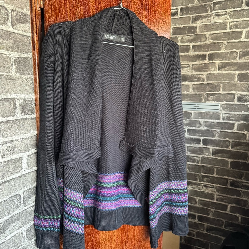 Lauren Ralph Lauren Open Front Cardigan Sweater Black Fair Isle Trim Women’s S